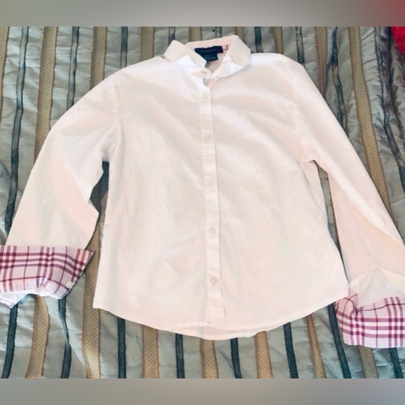 Burberry Girl Authentic White Button-Up Shirt with Plaid Cuffs 8Y - Picture 5 of 10